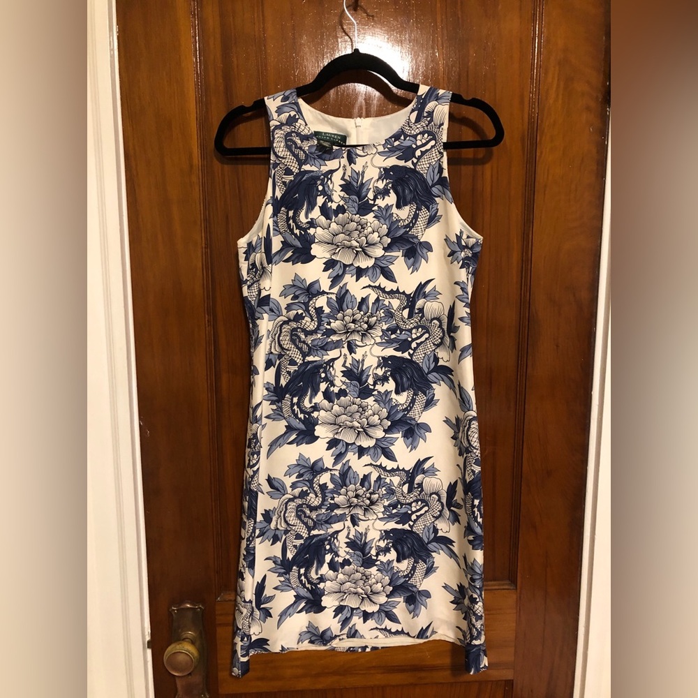 Ralph Lauren Blue and White Chinoiserie Patterned Silk Dress Sz 4
